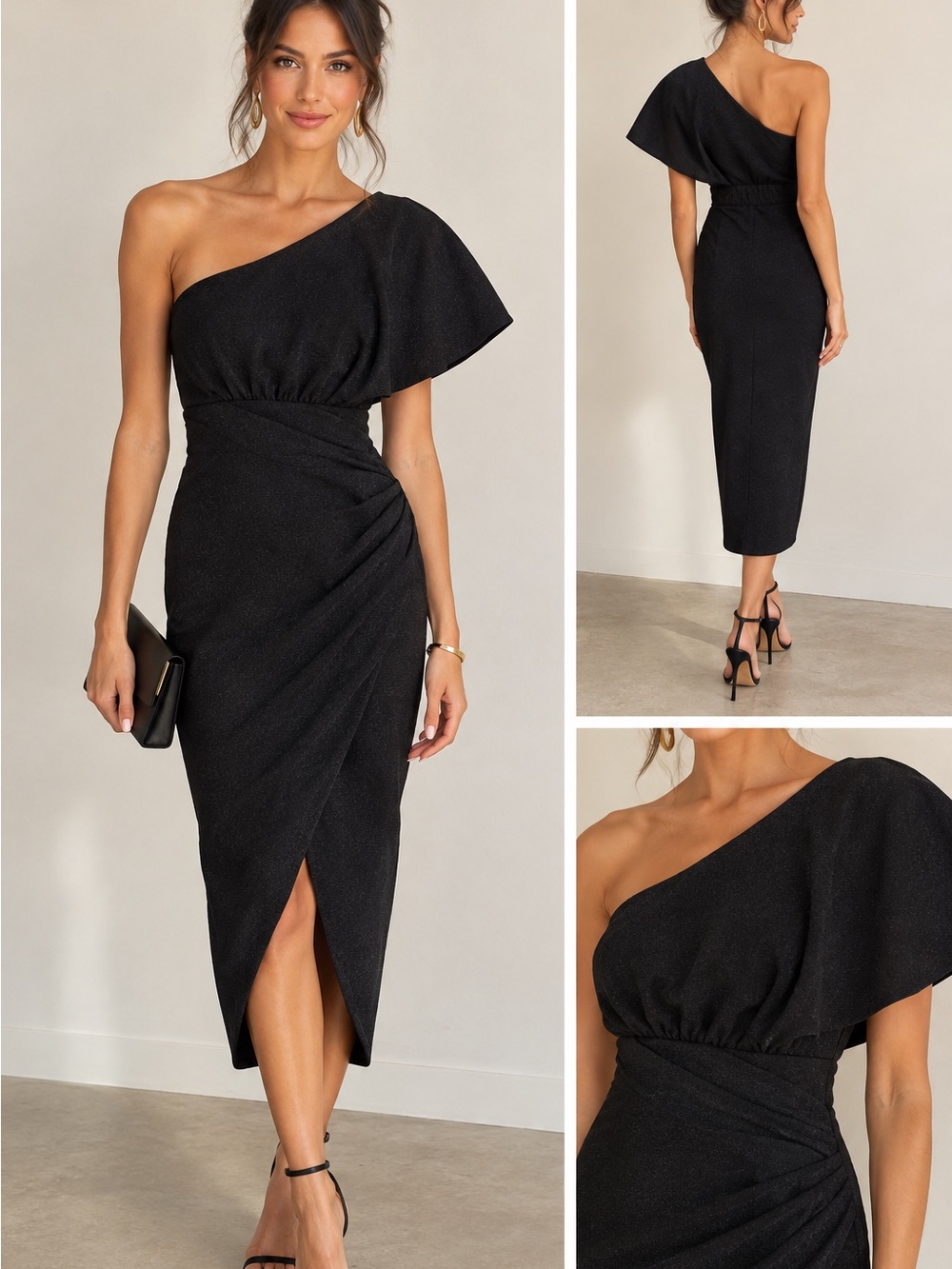 Main Strip Black One-Shoulder Asymmetric Draped Gown